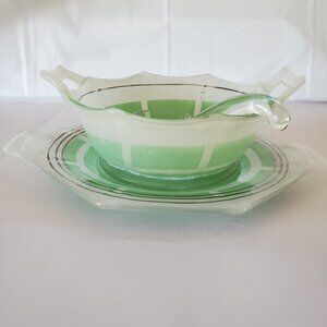 Rare 1930's Art Deco Green Indiana Satin Milk Glass Condiment 3 pc set